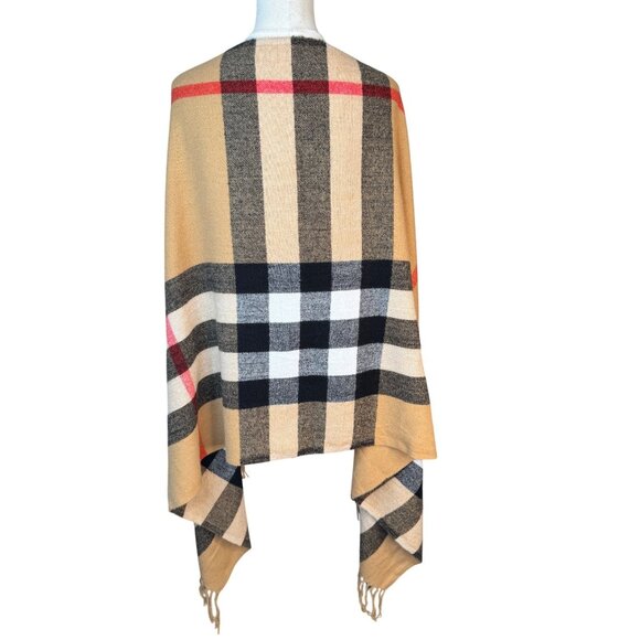 New Cashmere Blend Plaid Shawl Wrap With Fringe Camel Red Black - Picture 3 of 8